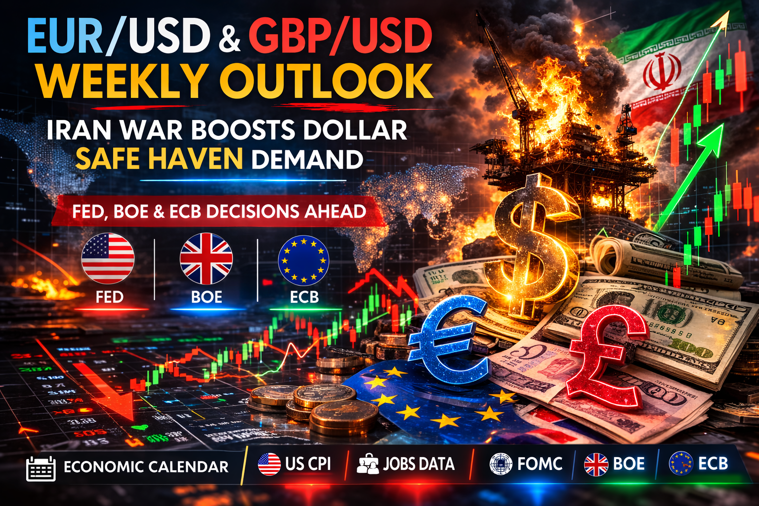 EUR/USD Forecast & GBP/USD Weekly Outlook: Iran War Boosts Dollar Safe Haven Demand as Fed, BoE and ECB Decisions Hit