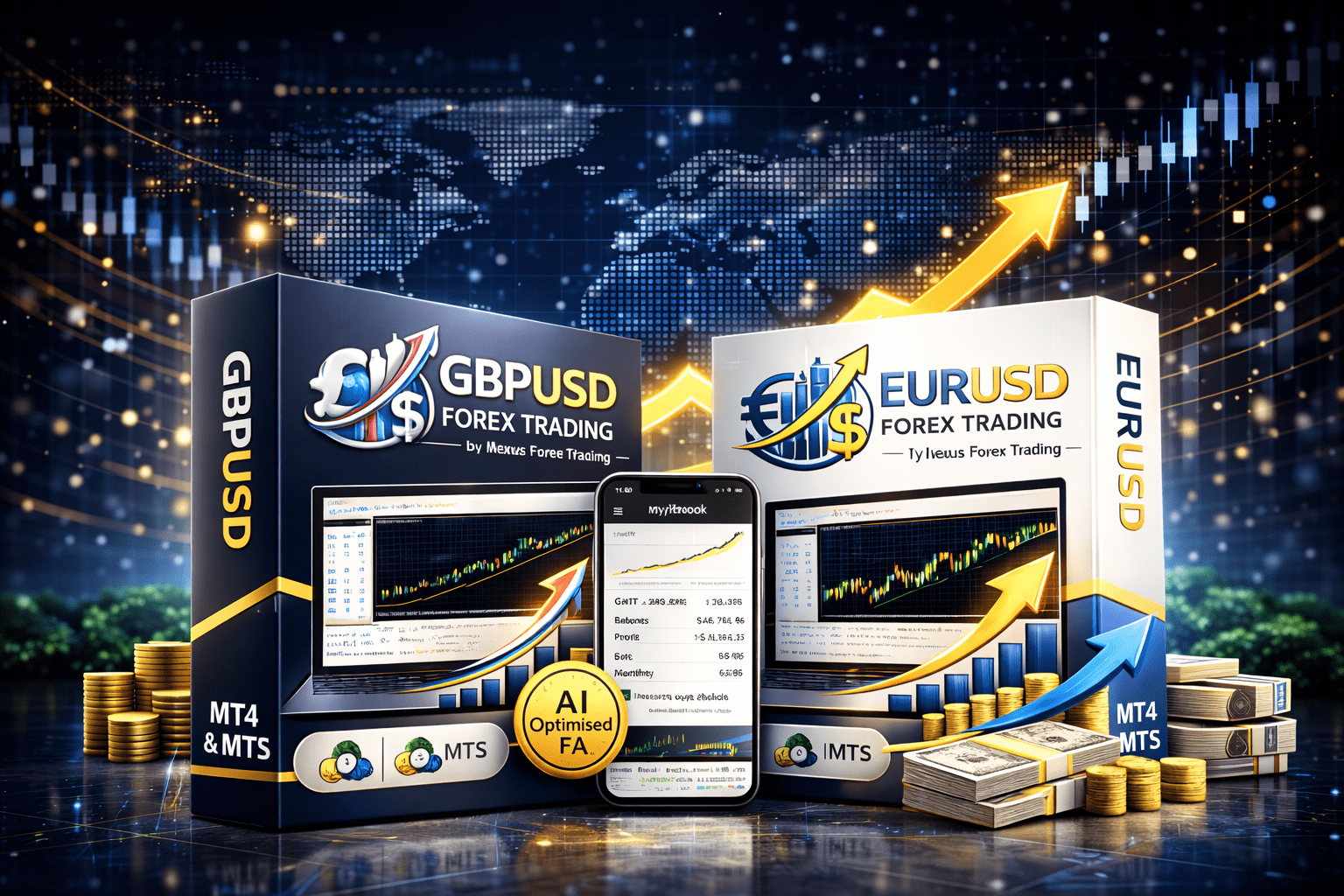 Nexus EURUSD and GBPUSD Forex trading technology with market charts and Myfxbook-style performance display