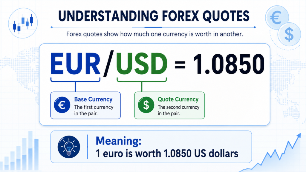 EURUSD currency pair example showing base currency, quote currency, and exchange rate meaning.
