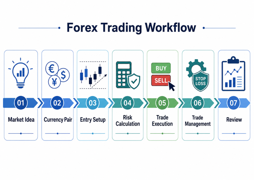 Forex trading workflow showing how beginners move from market analysis to risk-managed trade execution.