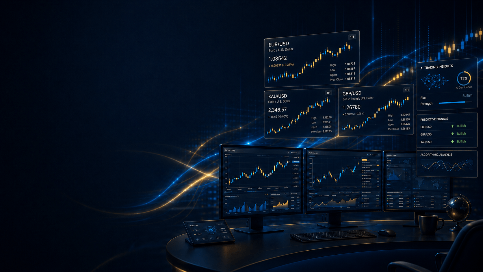 Professional MetaTrader Forex trading workstation showing EURUSD and GBPUSD market charts