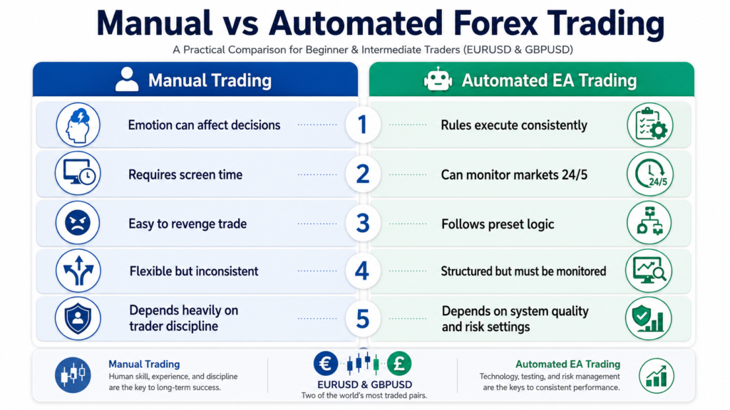 Manual forex trading compared with automated forex EA trading for EURUSD and GBPUSD.