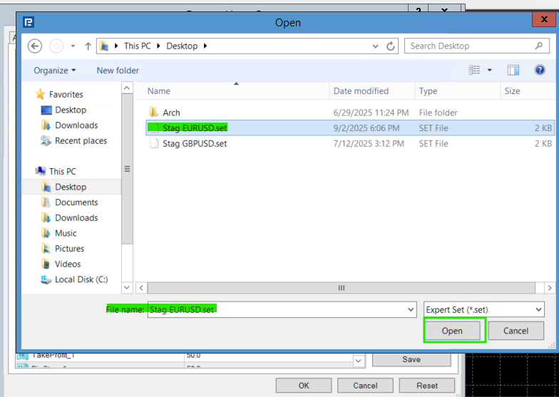 Selecting the correct .set preset file from the VPS desktop