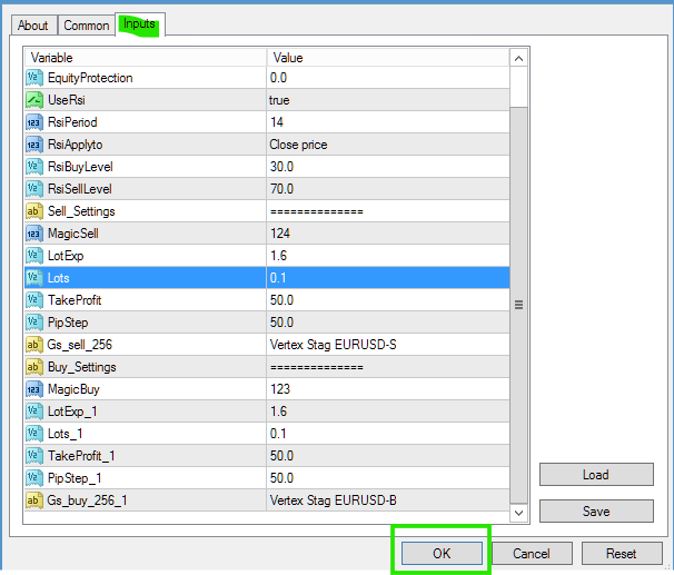 Clicking OK to apply EA settings