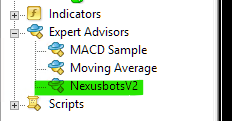 NexusBotsV2 showing in the MT4 Navigator panel