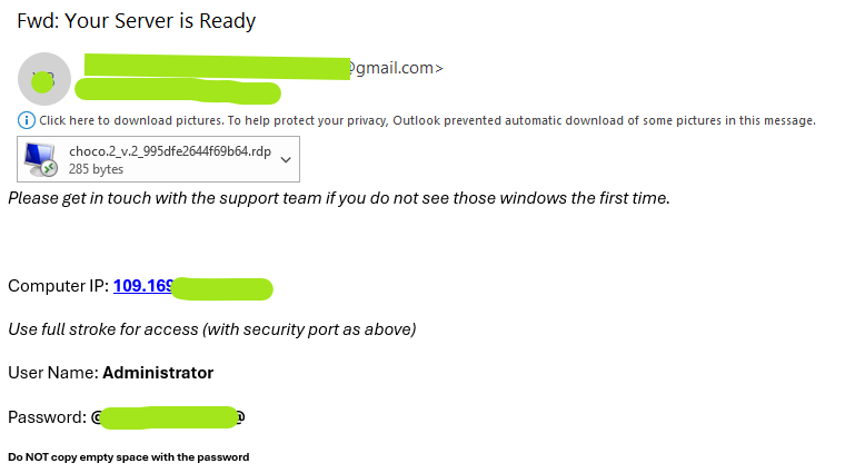 ChocoPing server ready email with login details