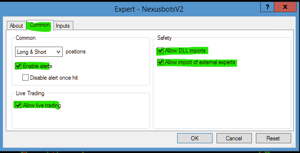 Common tab with Allow live trading and Allow DLL imports ticked
