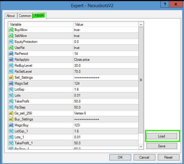 Inputs tab with the Load button visible